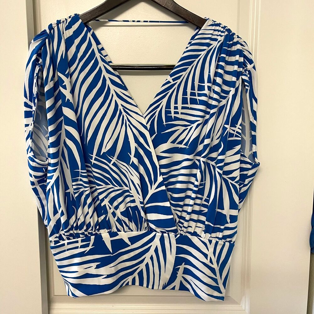 INC International Concepts Blue and White Palm Print V-Neck Blouse